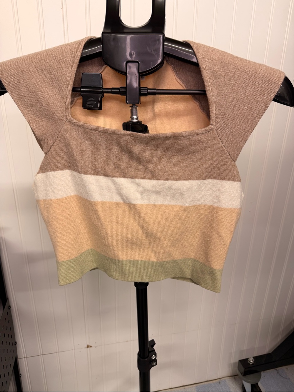 Le Lis Striped Square-Neck Crop Tank in Beige, Cream, Peach & Olive